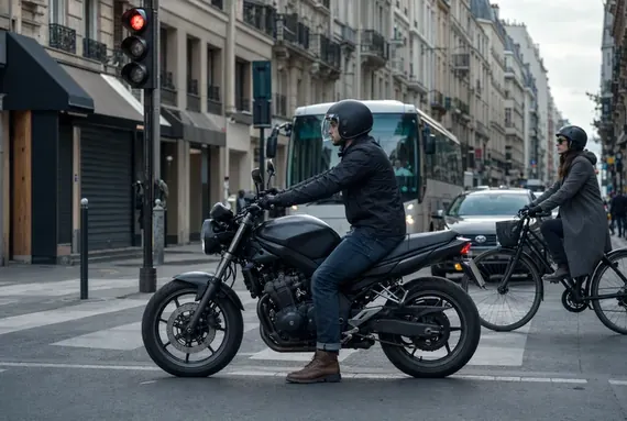 Motorka stojaca na červenej v meste, krátka jazda