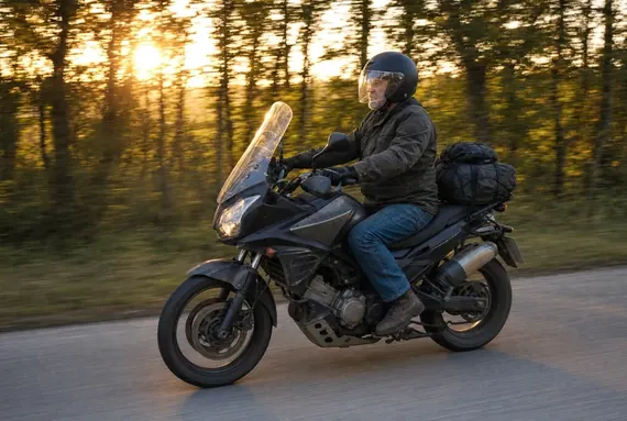 Motorkár na naloženej cestovnej motorke, dlhá cesta pri západe slnka
